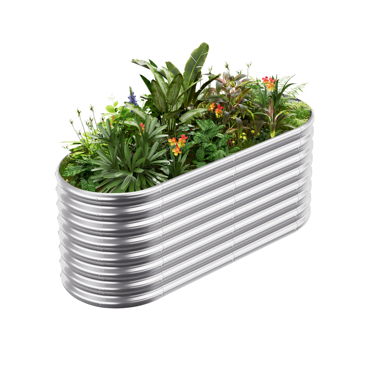 24-inch tall oval galvanized metal raised garden bed, 4 by 2 feet
