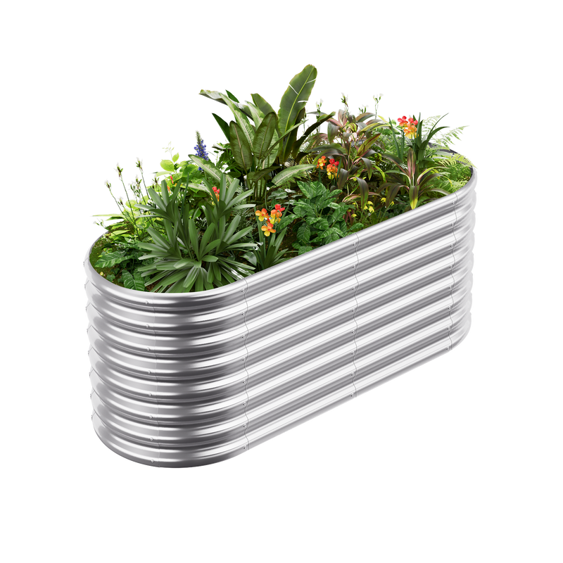 24-inch tall oval galvanized metal raised garden bed, 4 by 2 feet