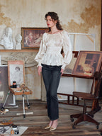 Pearl Ribbon Shirred Ivory Blouse