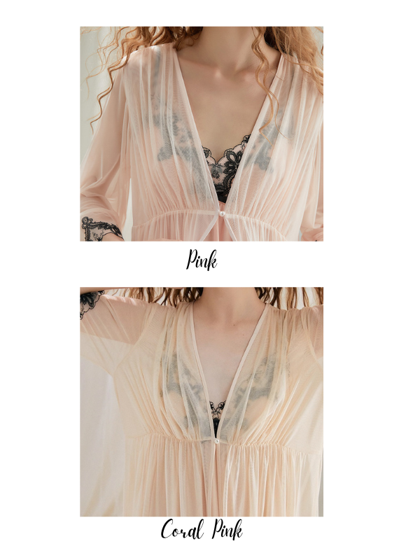 Ethereal Lace Trim Nightgown Set – Delicate Robe & Slip Dress