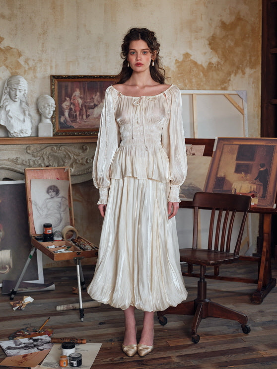 Pearl Ribbon Shirred Ivory Blouse