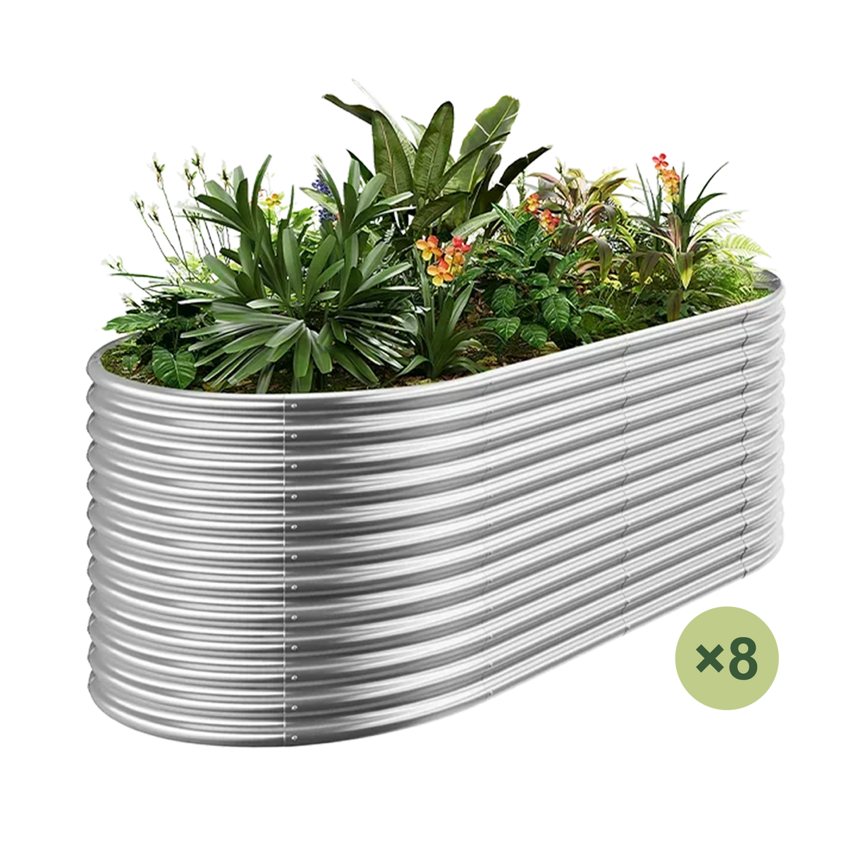 set of 8 — 36-inch tall oval galvanized metal raised garden bed, 8 by 4 feet