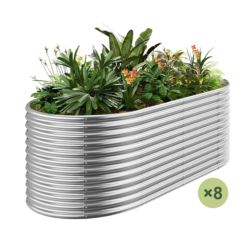 set of 8 — 36-inch tall oval galvanized metal raised garden bed, 8 by 4 feet