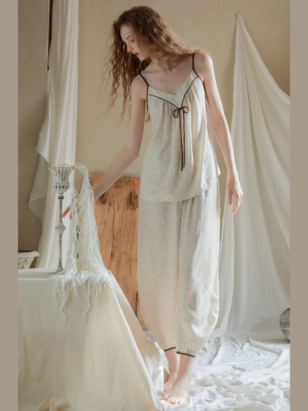 Vintage Ribbon-Tie Pajama Set