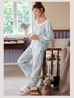 Pastel Meadow Cat Print Ruffle Loungewear Set