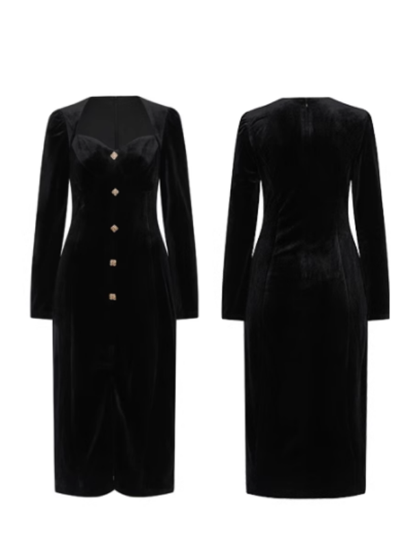 Elegant Black Velvet Dress with Gold Accents