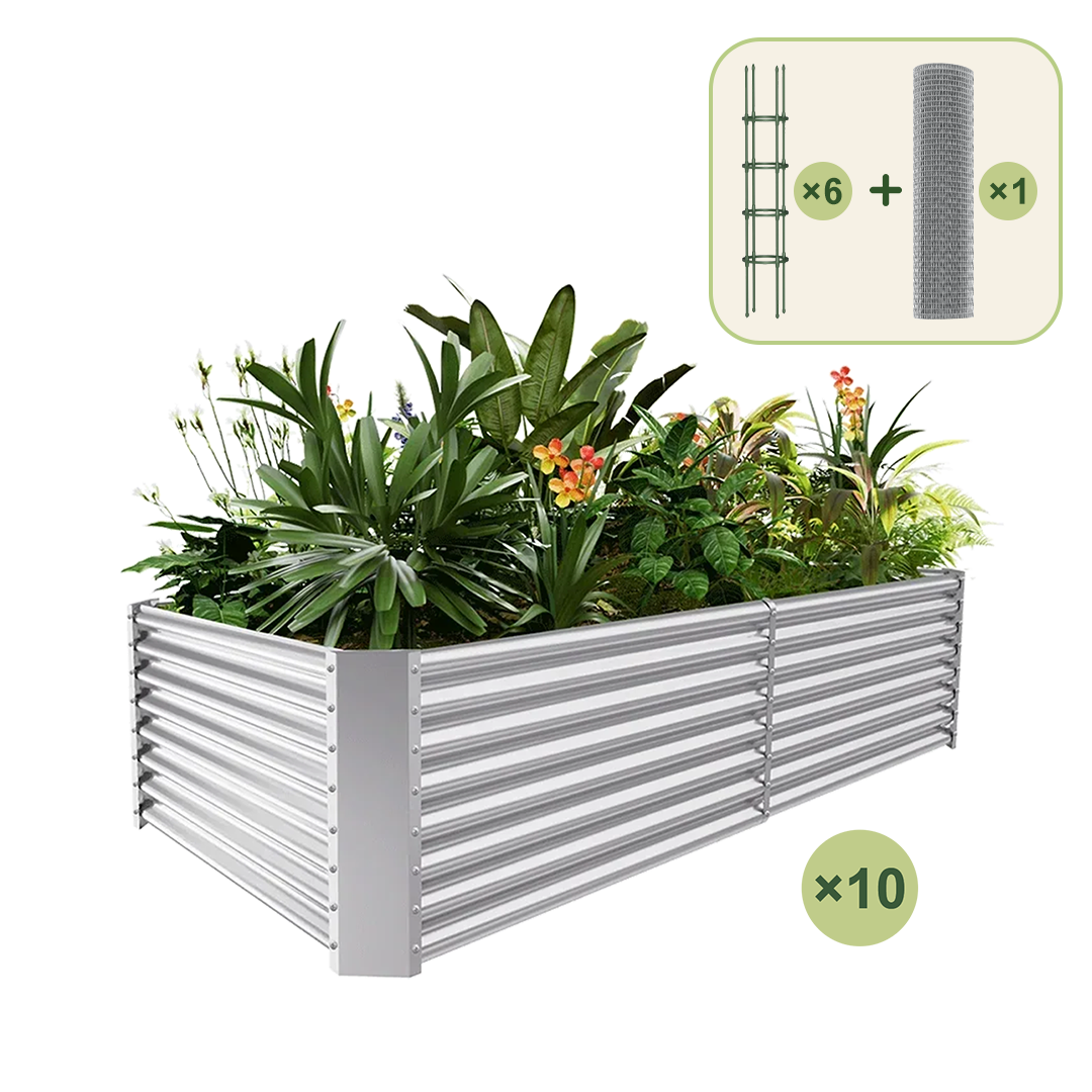10-Pack 24" Tall Rectangular 8x4x2ft Galvanized Raised Garden Bed+6-Pack Round Garden Trellis(5.5ft)+1/2 inch Galvanized Hardware Cloth