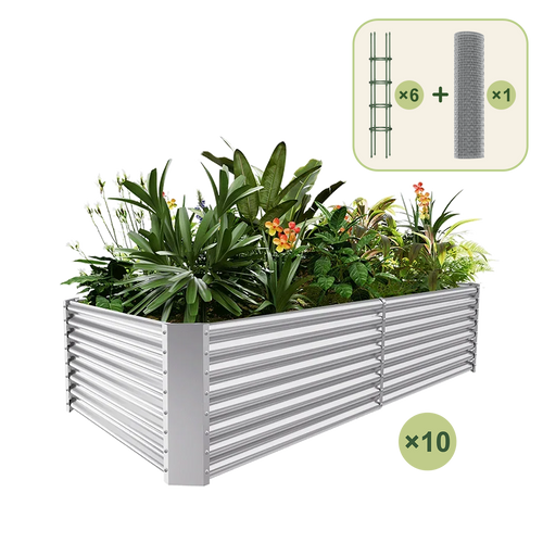 10-Pack 24" Tall Rectangular 8x4x2ft Galvanized Raised Garden Bed+6-Pack Round Garden Trellis(5.5ft)+1/2 inch Galvanized Hardware Cloth