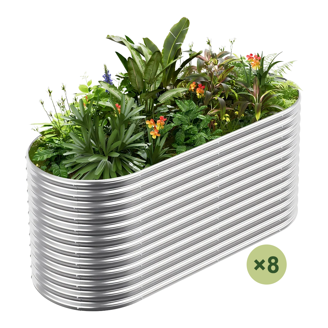 set of 8 — 36-inch tall oval galvanized metal raised garden bed, 6 by 3 feet