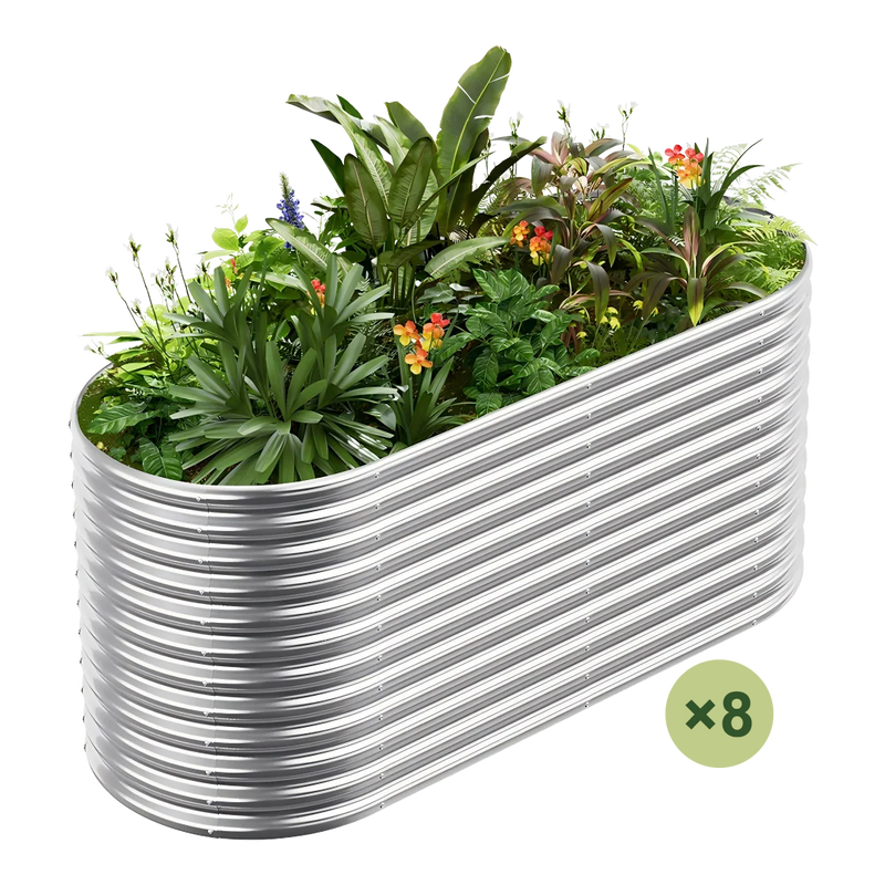 set of 8 — 36-inch tall oval galvanized metal raised garden bed, 6 by 3 feet