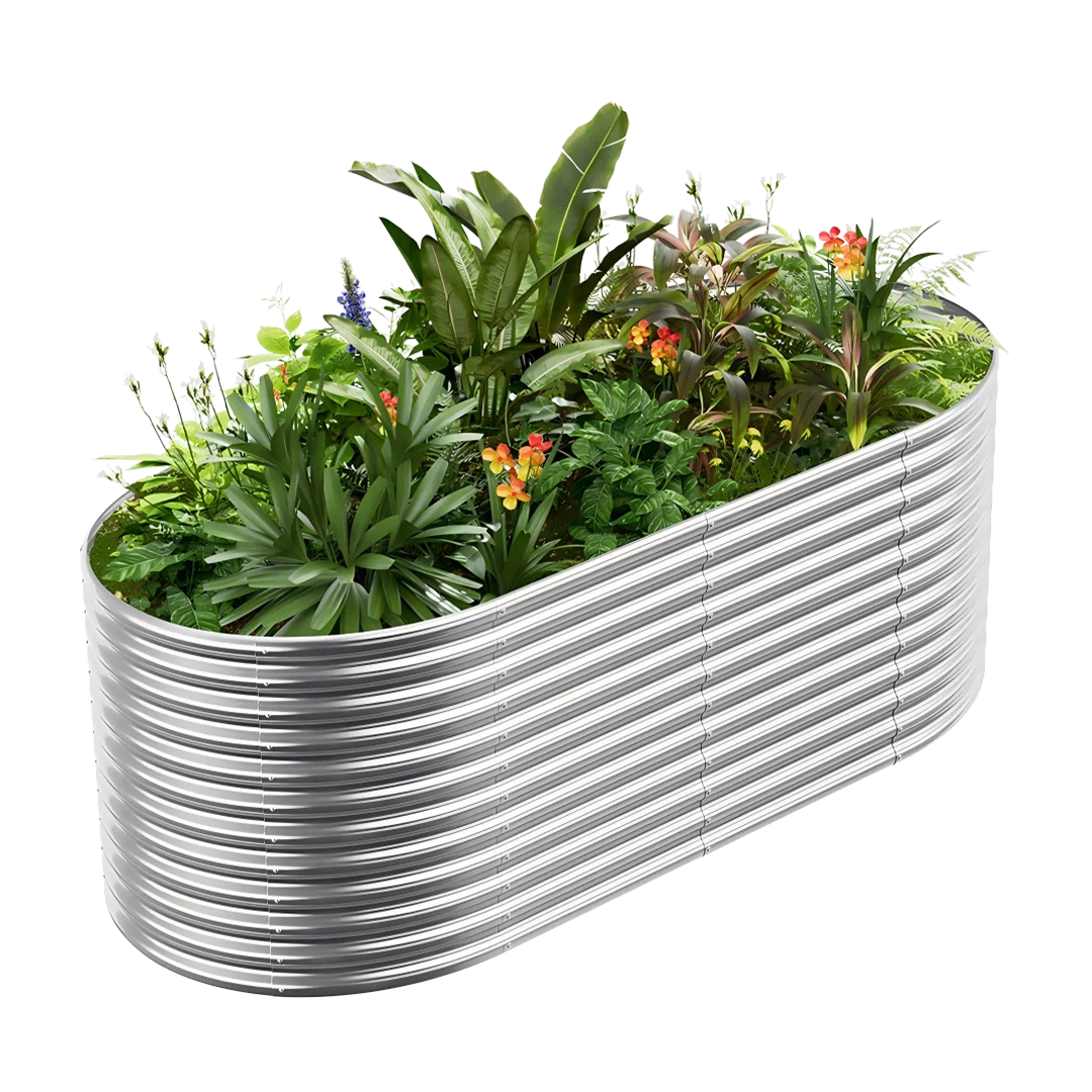 36-inch tall oval galvanized metal raised garden bed, 8 by 4 feet