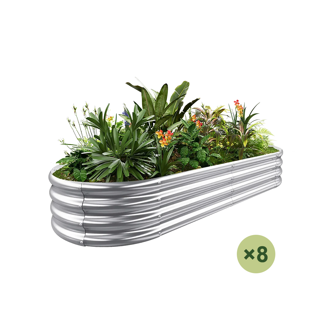 set of 8 — 12-inch tall oval galvanized metal raised garden bed, 6 by 3 feet