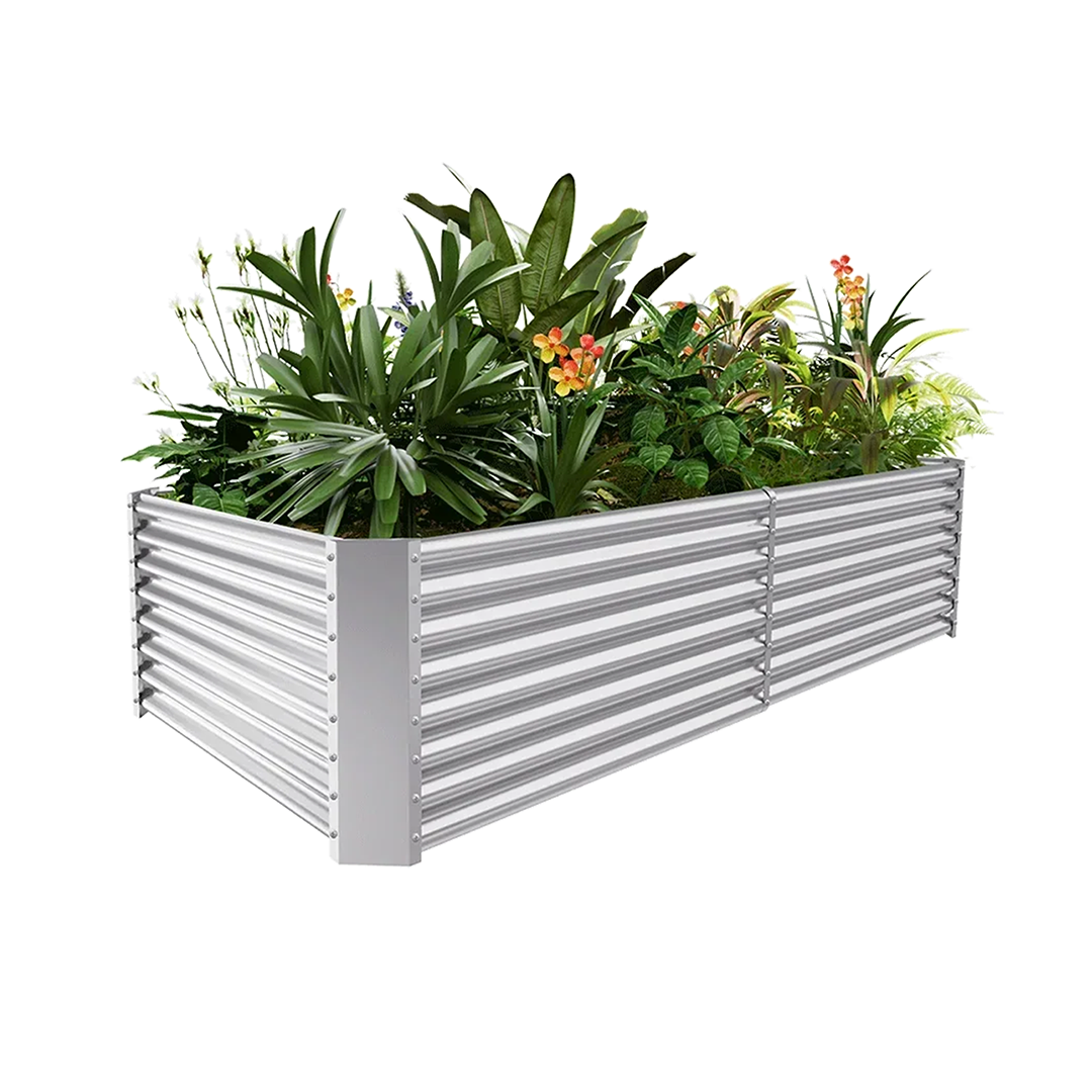24-inch tall rectangular galvanized metal raised garden bed, 8 by 4 feet