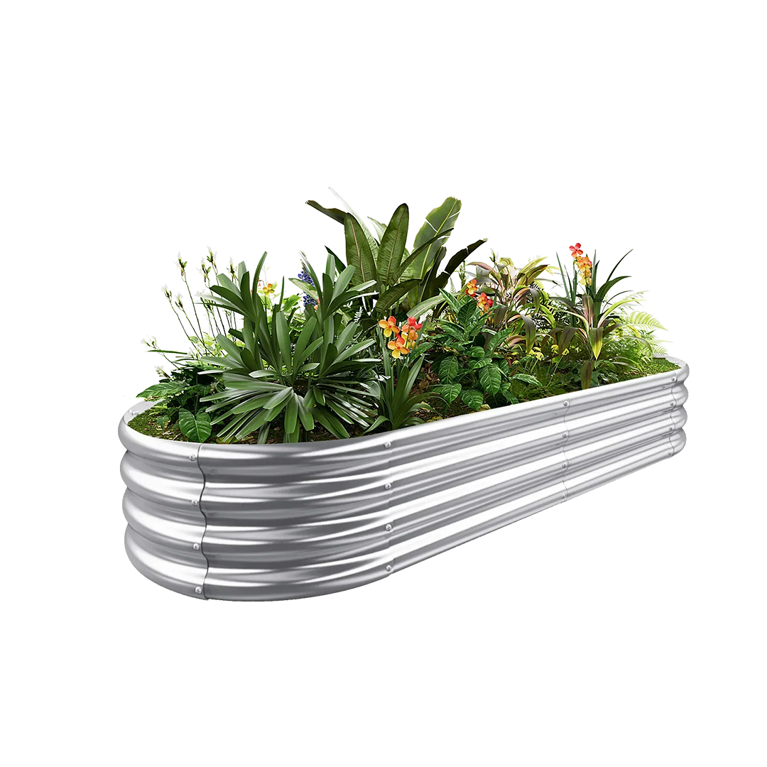 12-inch tall oval galvanized metal raised garden bed, 6 by 3 feet
