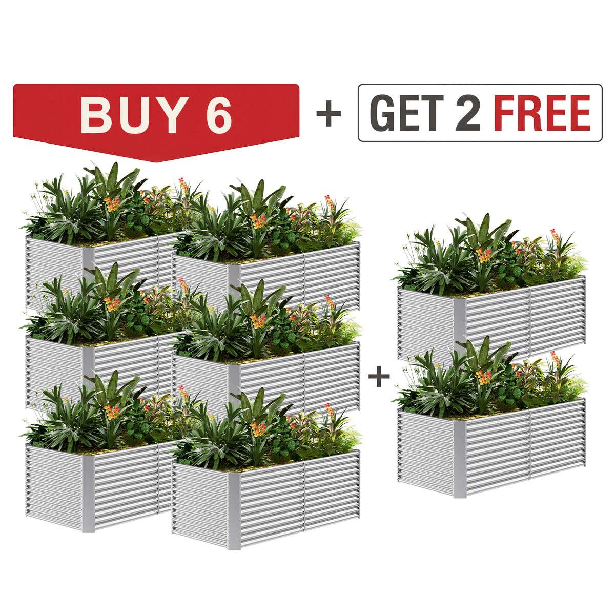 set of 8 — 36-inch tall rectangular galvanized metal raised garden bed, 8 by 4 feet