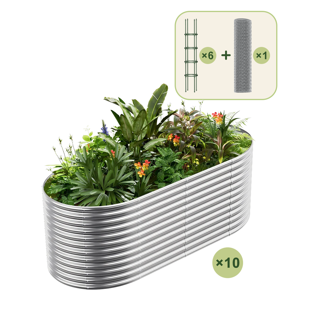 10-Pack 36" Tall Oval 8x4x3ft Galvanized Raised Garden Bed+6-Pack Round Garden Trellis(5.5ft)+1/2 inch Galvanized Hardware Cloth