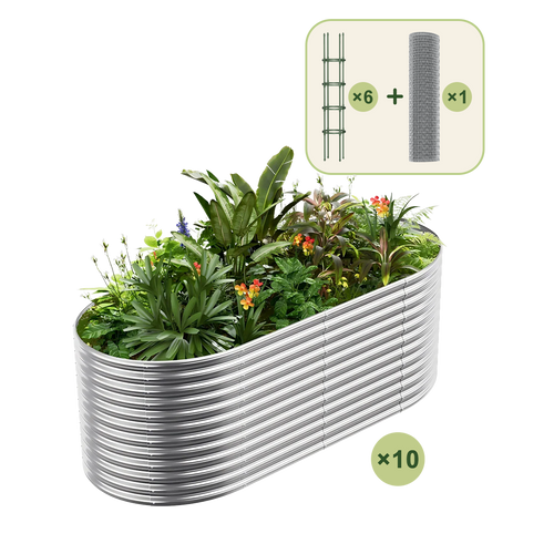 10-Pack 36" Tall Oval 8x4x3ft Galvanized Raised Garden Bed+6-Pack Round Garden Trellis(5.5ft)+1/2 inch Galvanized Hardware Cloth