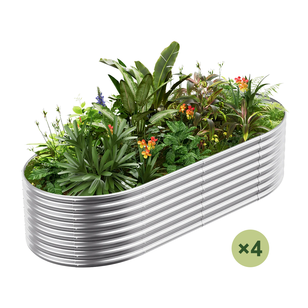 set of 4 — 24-inch tall oval galvanized metal raised garden bed, 8 by 4 feet