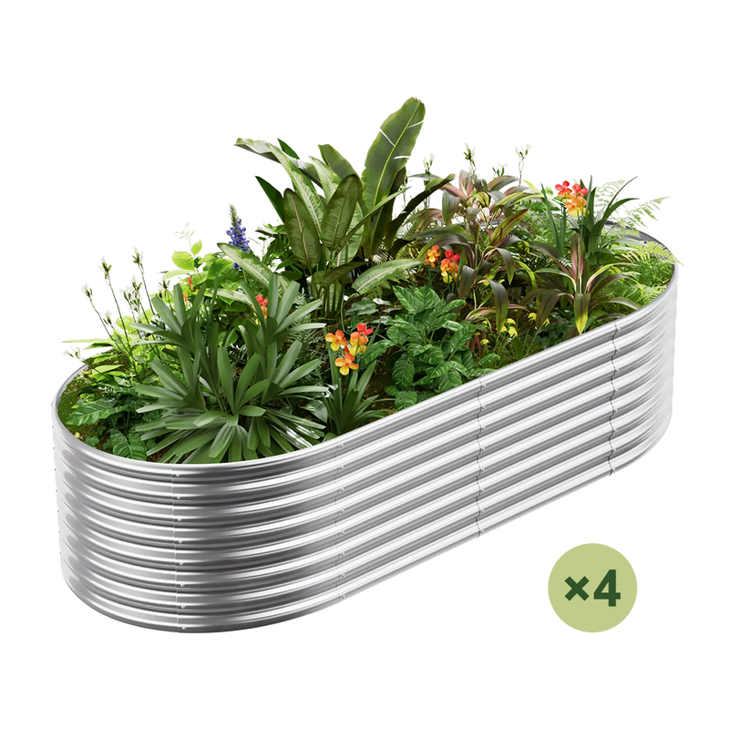 set of 4 — 24-inch tall oval galvanized metal raised garden bed, 8 by 4 feet