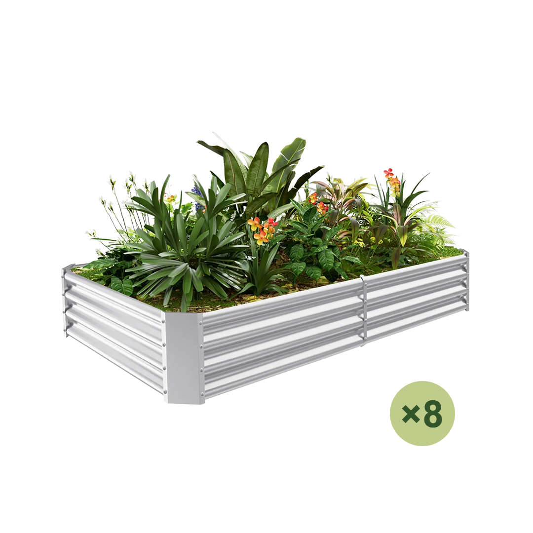 set of 8 — 12-inch tall rectangular galvanized metal raised garden bed, 6 by 3 feet