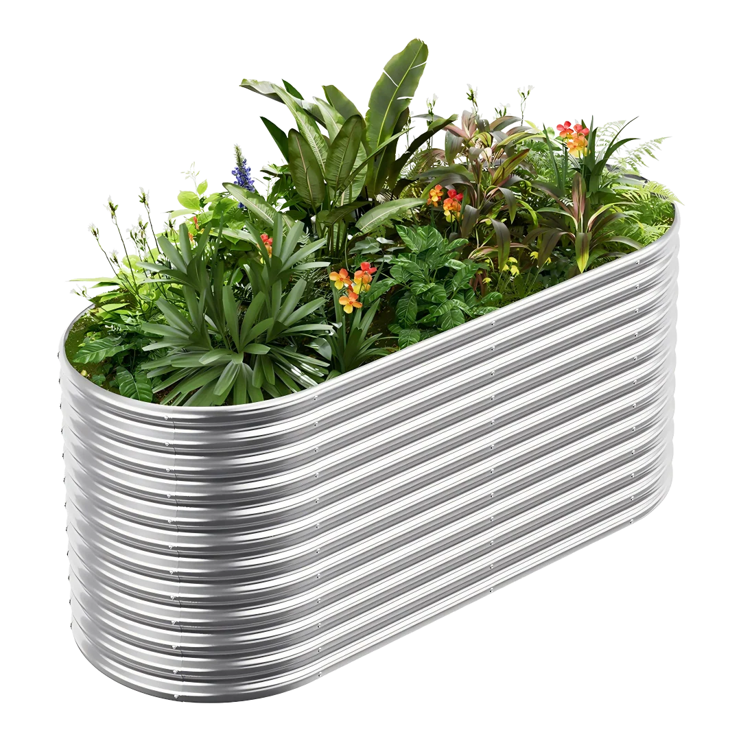 36-inch tall oval galvanized metal raised garden bed, 6 by 3 feet