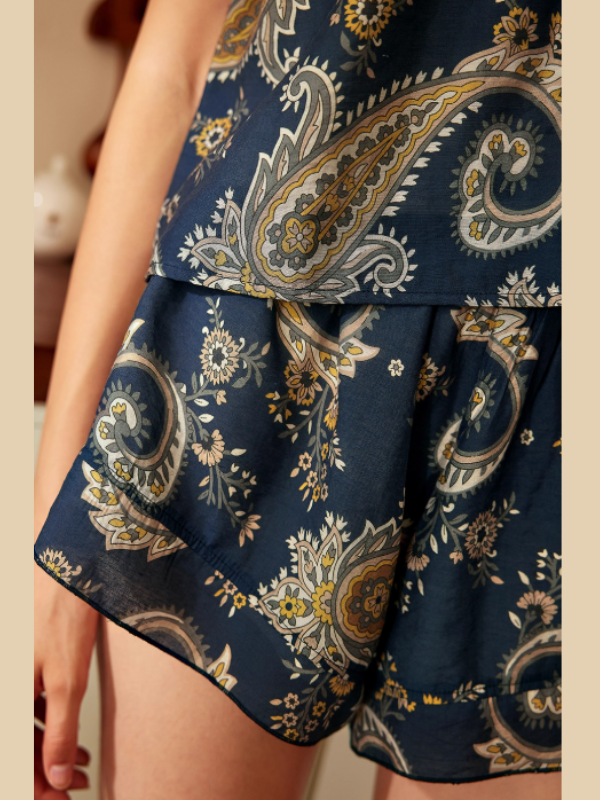 Navy Paisley Tie-Strap Loungewear Set