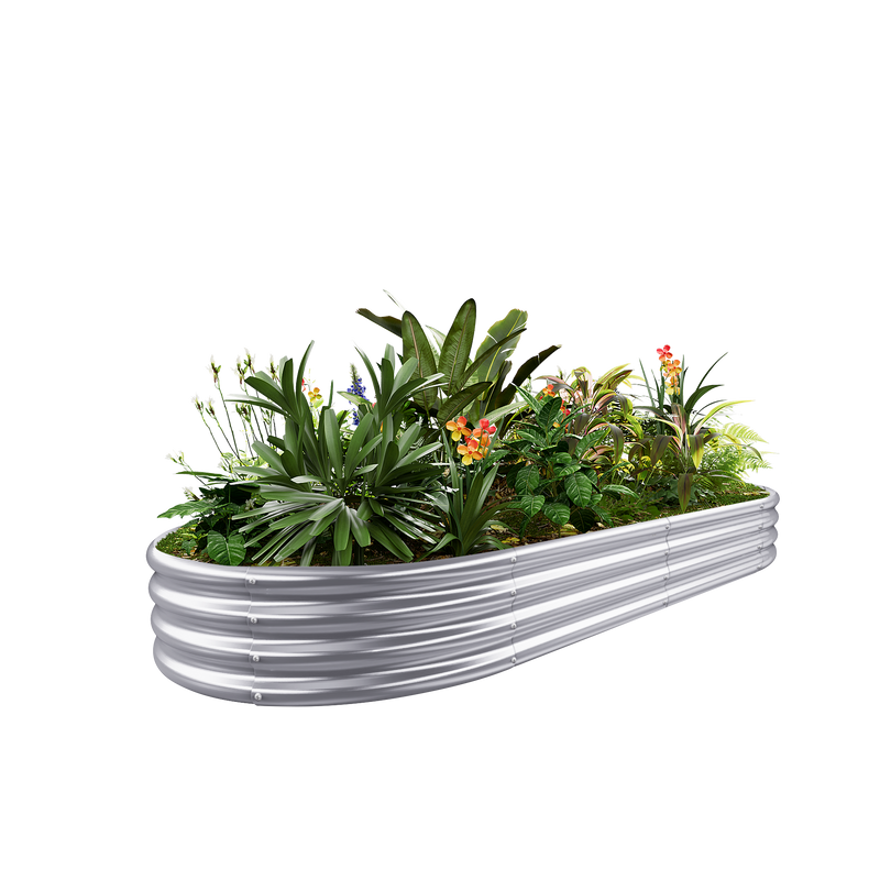 12-inch tall oval galvanized metal raised garden bed, 8 by 4 feet