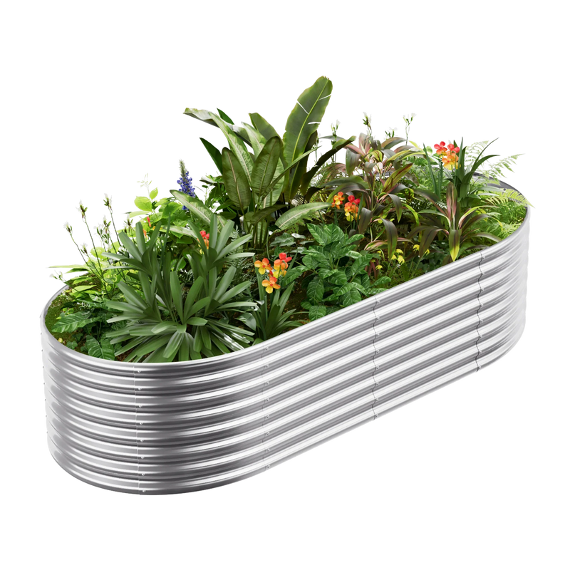24-inch tall oval galvanized metal raised garden bed, 8 by 4 feet