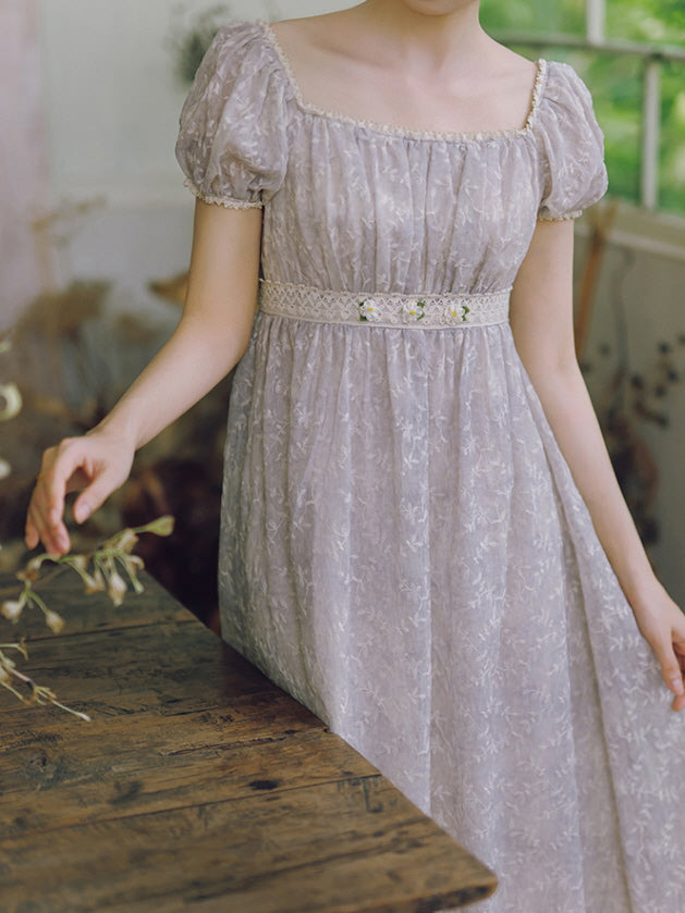 Lavender Bloom Embroidered Waist Dress
