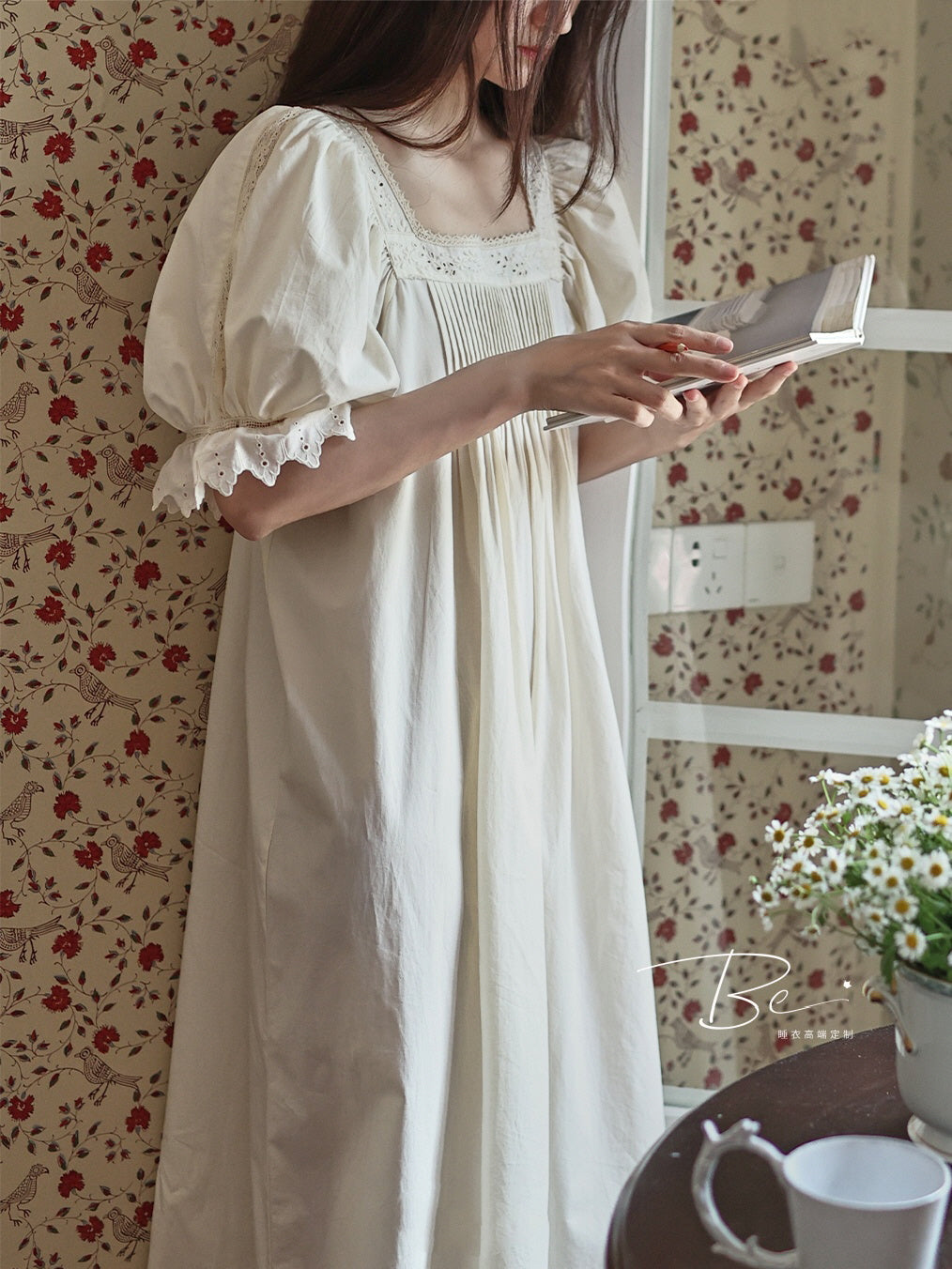 Square Neck Pintuck Cotton Nightgown