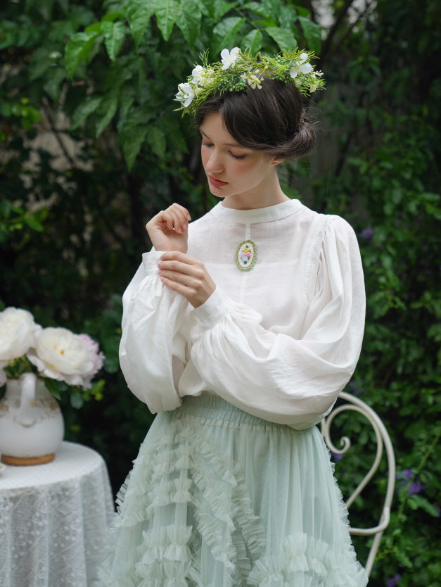 Embroidered Floral Brooch Linen Cotton Blouse