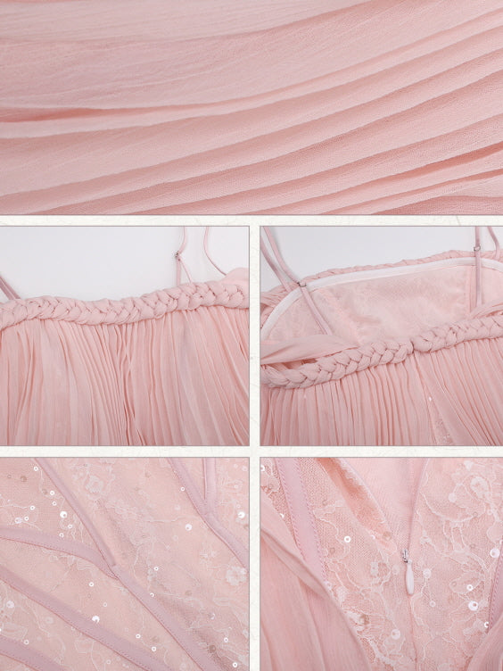 Off-Shoulder Blush Pleated Ribbon Dress