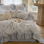 Dusty Blue Rose Print Ruffle Bedding Set