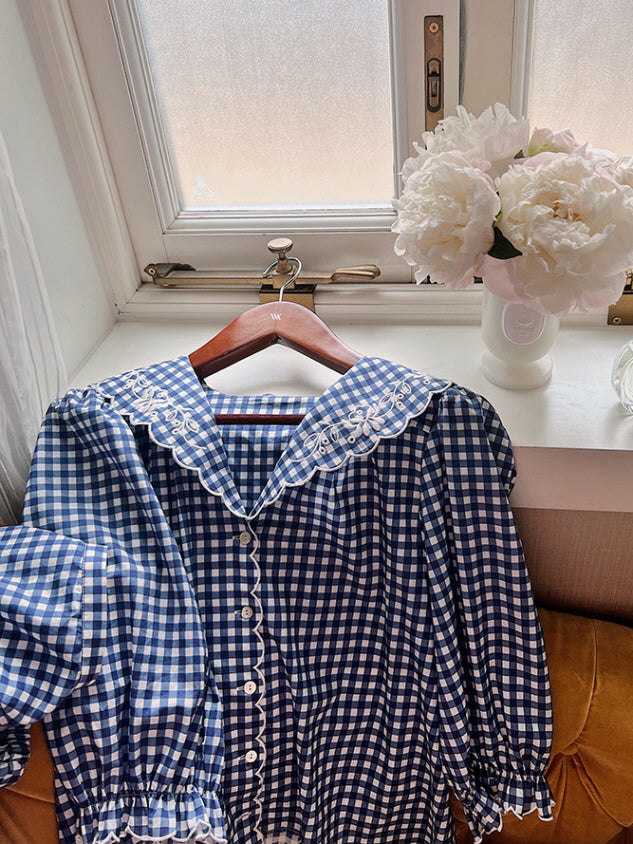 Navy Gingham Lace Collar Pajama Set