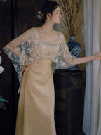 Golden Bloom Lace Overlay Dress