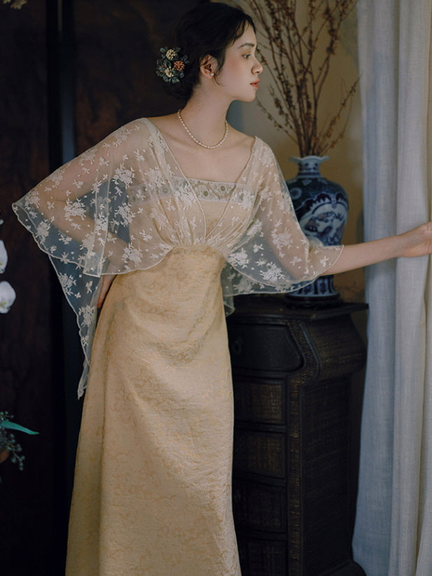 Golden Bloom Lace Overlay Dress