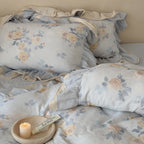 Dusty Blue Rose Print Ruffle Bedding Set