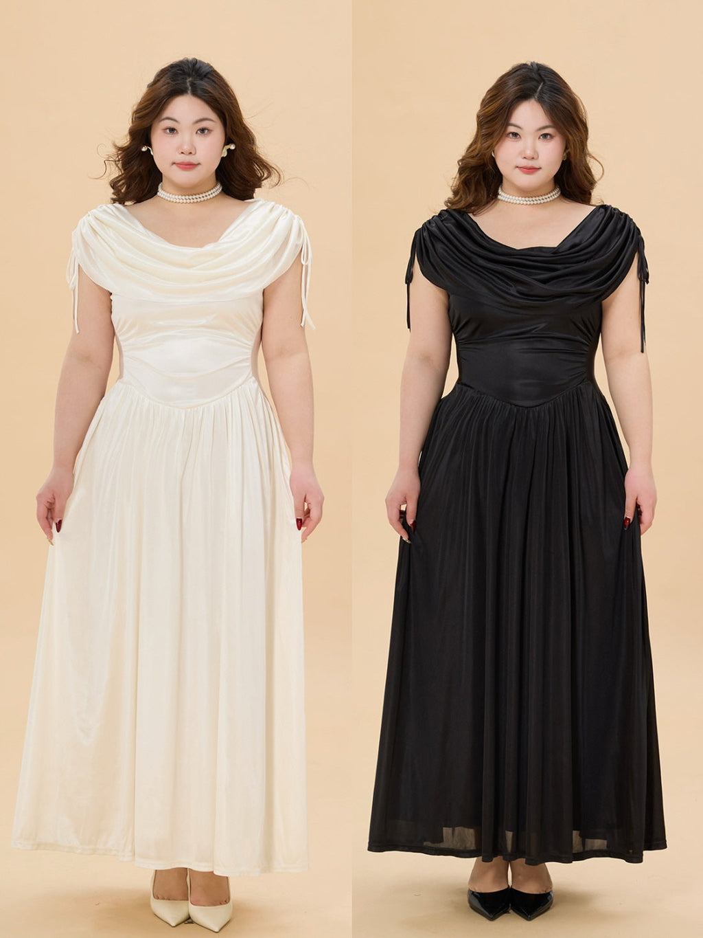 Midnight Satin Plus Size Dress with Draped Shoulders