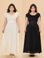 Midnight Satin Plus Size Dress with Draped Shoulders