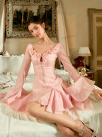 Rosy Flare Sleeve Coquette Dress