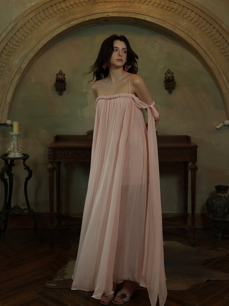 Off-Shoulder Blush Pleated Ribbon Dress