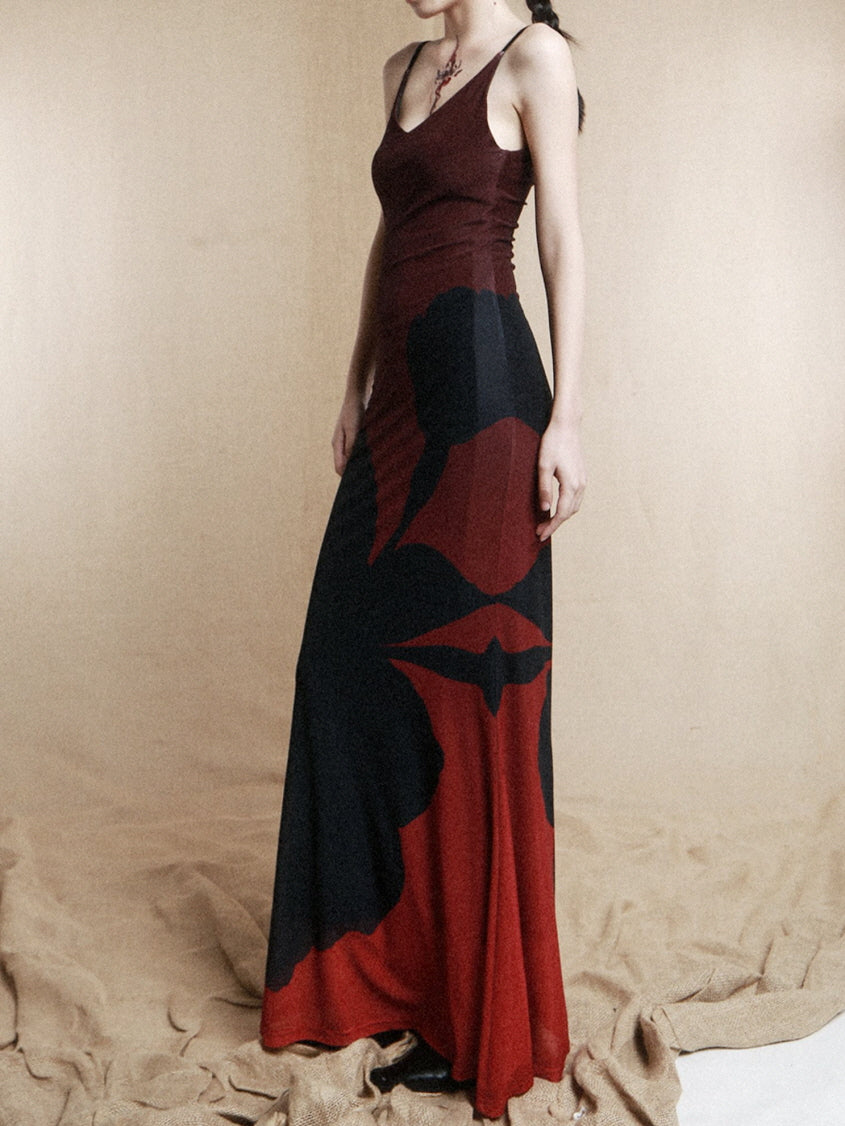 Crimson Shadow Bloom Slip Dress