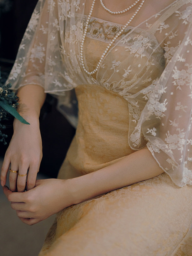 Golden Bloom Lace Overlay Dress