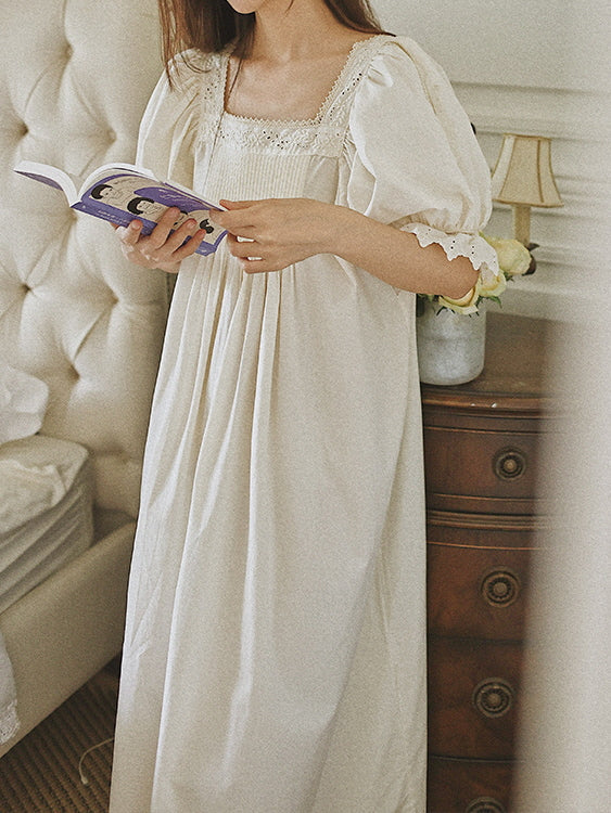 Square Neck Pintuck Cotton Nightgown