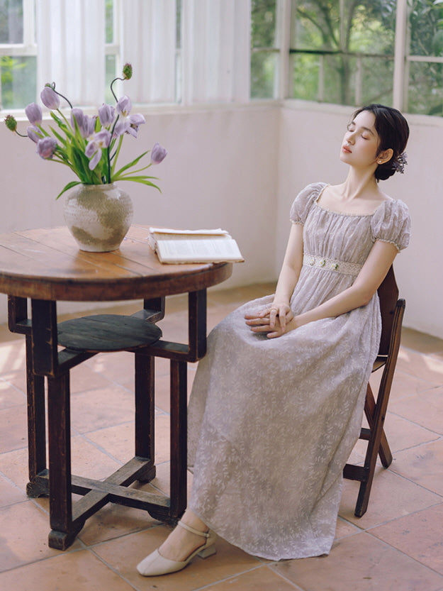 Lavender Bloom Embroidered Waist Dress