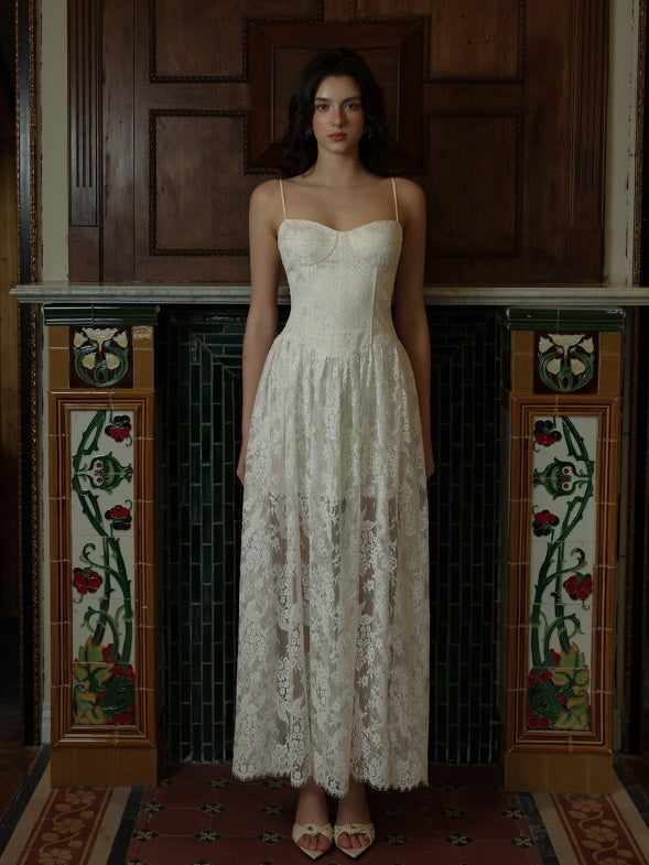 Vintage Floral Ivory Lace Corset Dress