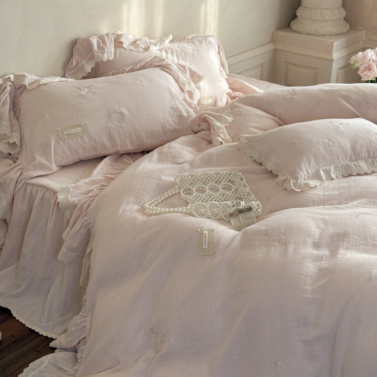 Pink Rose Embroidered Ruffle Bedding Set