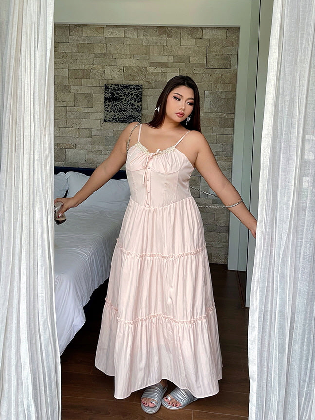 Blush Ribbon-Tie Tiered Dress