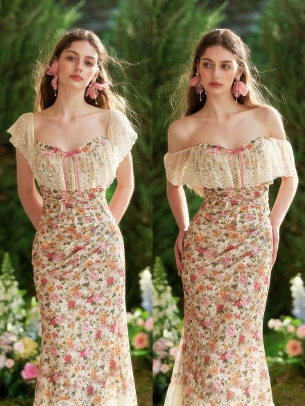 Floral Lace Off-Shoulder Corset Top & Skirt