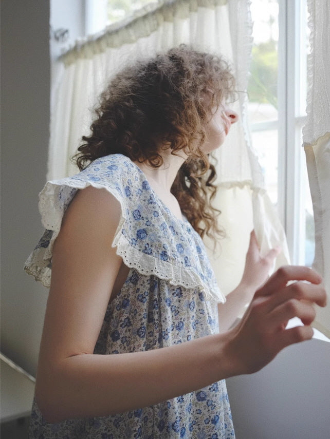 Blue Blossom Ruffle Cotton Nightgown